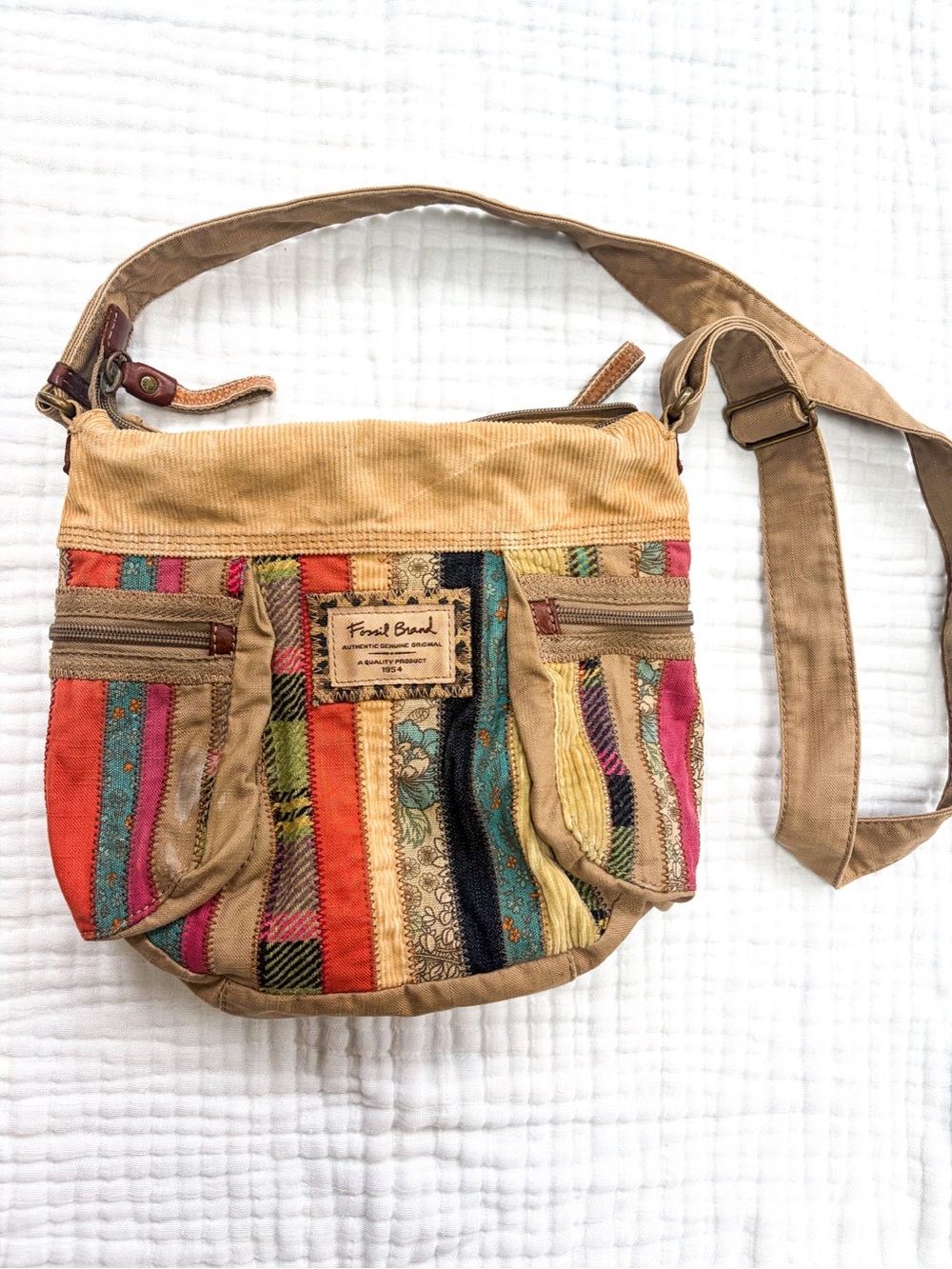 Fossil Patchwork Shoulder Bag Purse Boho Y2K Corduroy Multicolor Brown
